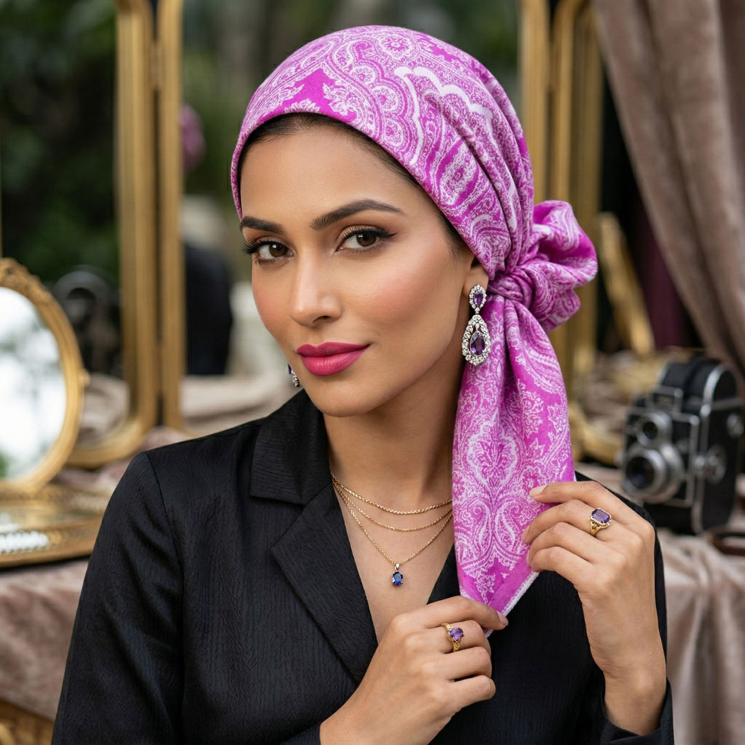 Purple Damask Pattern Cotton Scarf